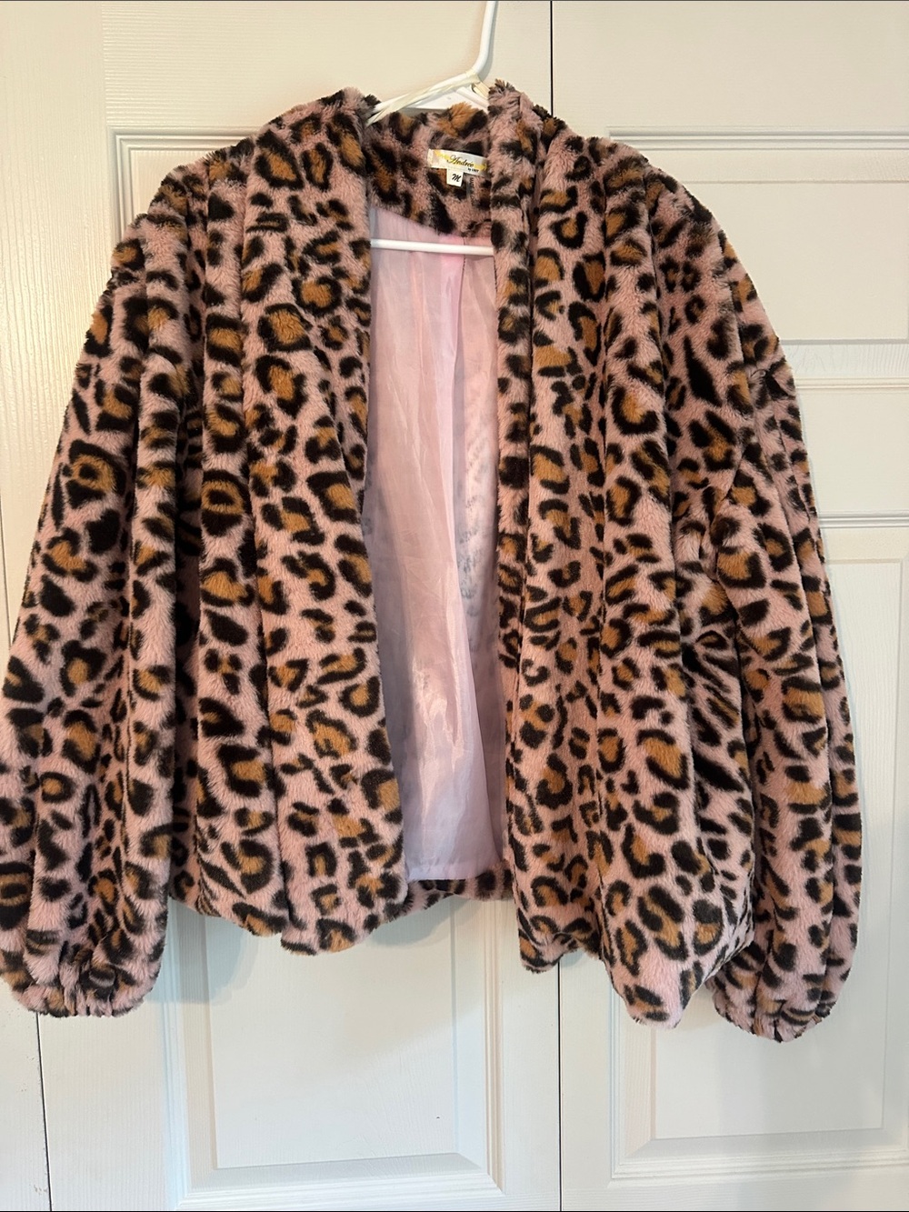 ANDREE Pink Leopard Print Faux Fur Jacket